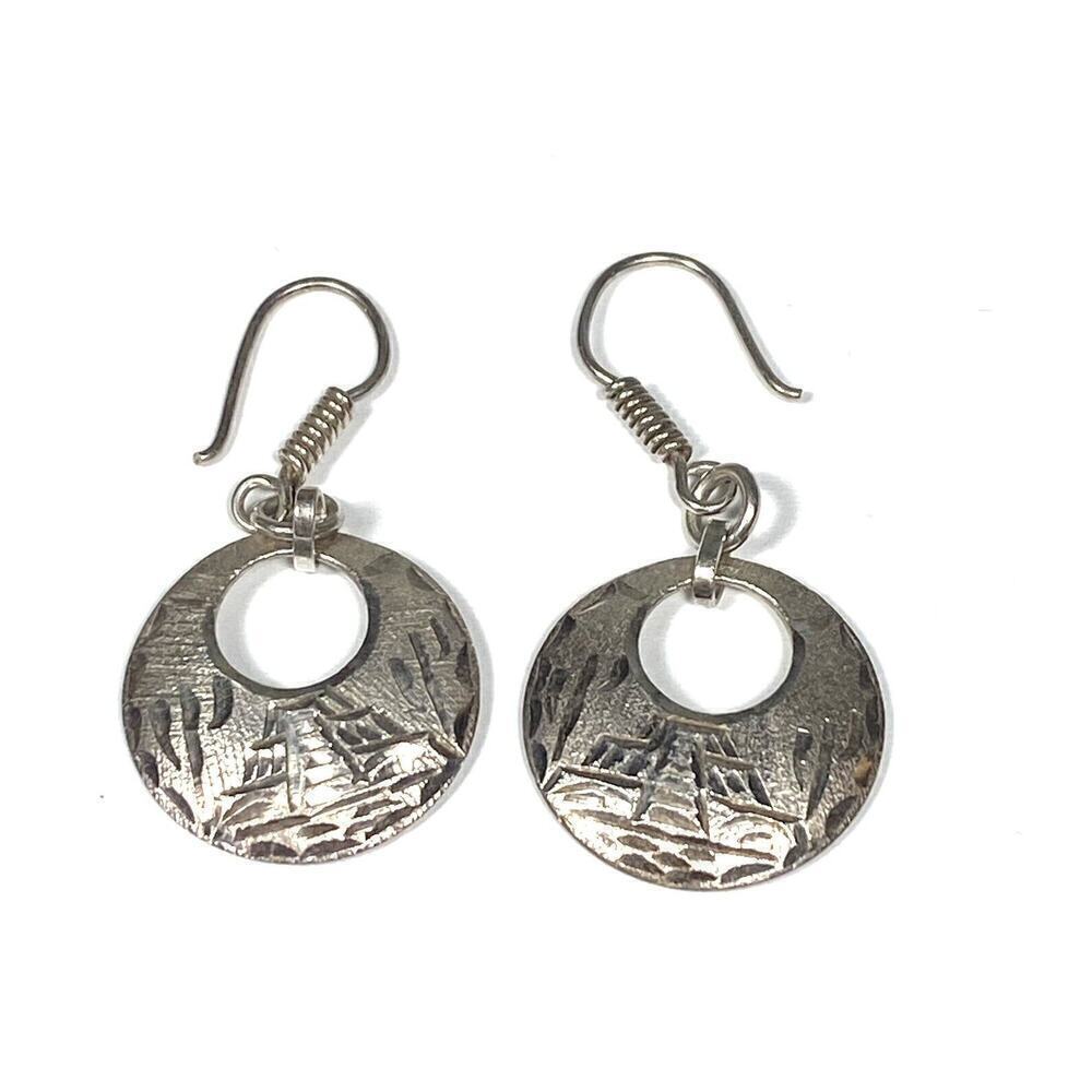 925 Mexico Sterling Silver Edged Earrings Mayan Drops 5.45g